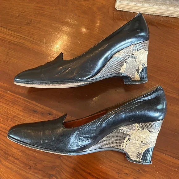 1980s Snakeskin Wedge Heel In black and Tan Stuart Weitzman - Picture 4 of 7